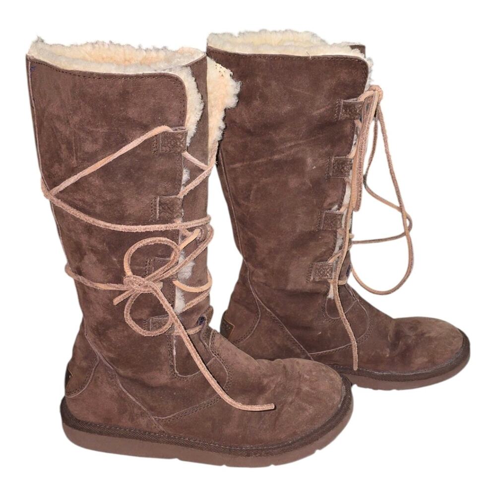 UGG Whitley Tall Brown Suede Boots Lace Up Sheepskin Wool Shearling Size 7